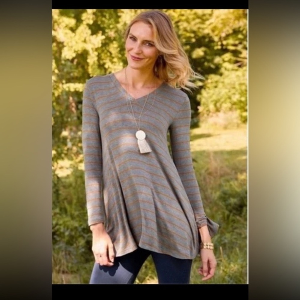 Matilda Jane Modal Swing Tunic Gray Orange Striped Windsong Flowy Womens Medium